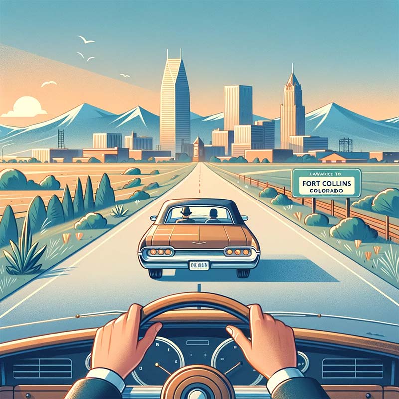 driving down the open road toward the city of Fort Collins trying to avoid a dui charge illustration